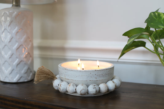 Rustic White Ceramic Beaded Bowl Candle